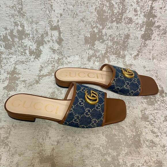 Gucci Jolie Double G Denim Logo & Cognac Leather Slides - Picture 2 of 13